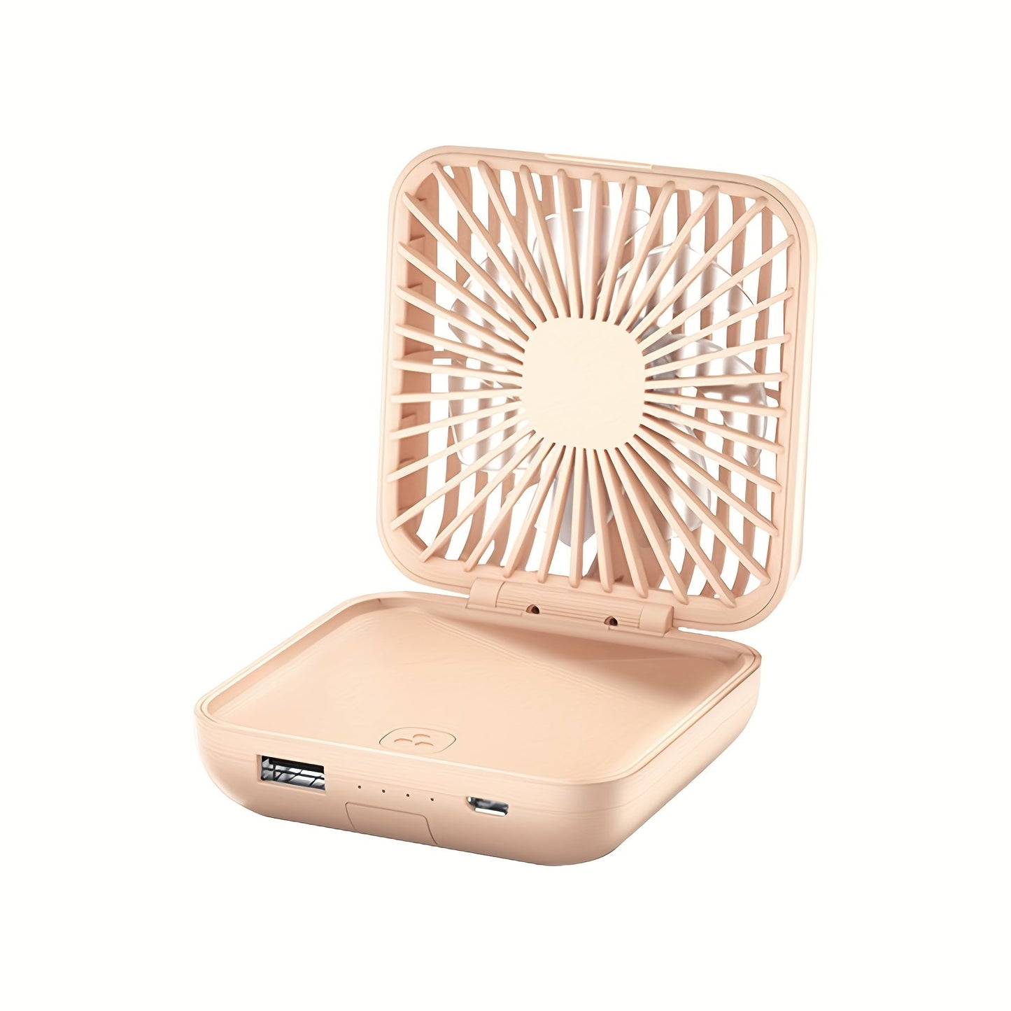 Portable and wearable Compact USB Fan with 3-speed adjustment, featuring a rechargeable lithium battery. Perfect for indoor and outdoor use, includes a light kit for added convenience.