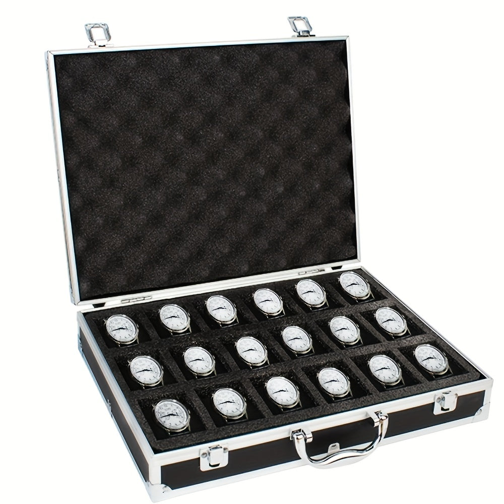 One piece of an aluminum alloy watch storage box with 18 slots, designed for men watch collectors. This portable clock display box can also be used as a gift box.