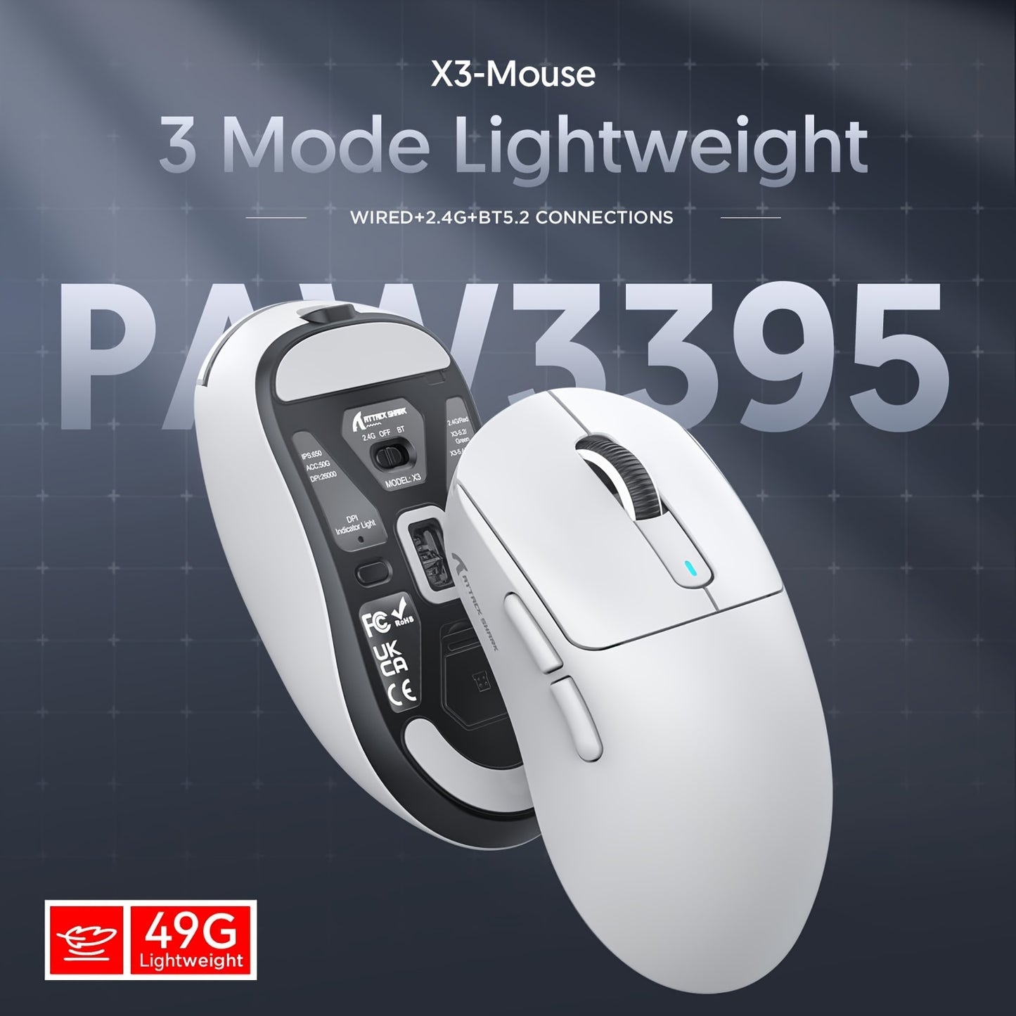 ATTACK SHARK X3 49g SUPERLIGHT Mouse with PixArt PAW3395 Gaming Sensor, BT/2.4G Wireless/Wired, up to 26000, 200 Hrs Battery, Office Mice for Win11/Xbox/PS/Mac (White)