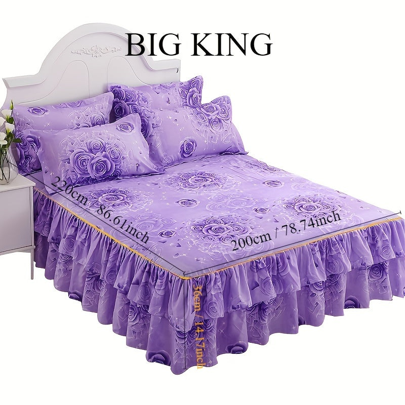 Set of 3 Tropical Floral Bed Skirt Pieces - Includes 1 Lace Non-Slip Bed Skirt and 2 Pillowcases, Polyester Bedding with Ruffled Edges for All Seasons, Machine Washable - Elegant Purple for Bedroom and Guest Room Decor, Bedding Set, Core Not Included