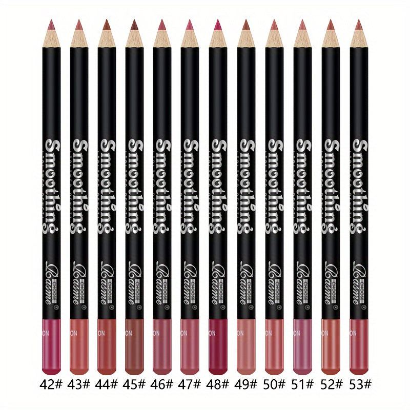 12-piece set of nude lip liners with long-lasting matte finish, non-fade formula, skin fit, and red shades.