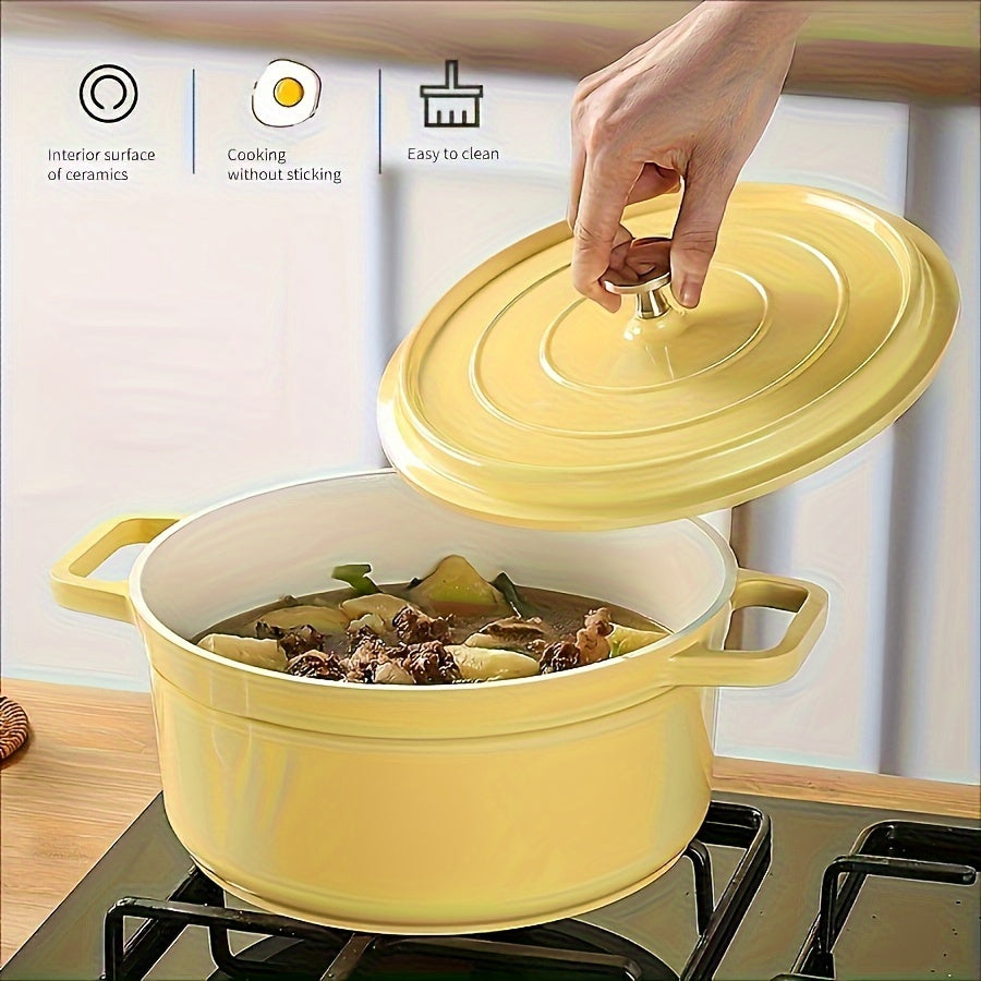 Multi-functional Enamel Soup Pot with Lid - Made from Cast Aluminum, Featuring Dual Handles, Ceramic Coating, Ideal for Home Kitchens, Suitable for Stove-top Cooking, Suitable for Stir-frying, Ceramic Inner Lining for Easy Cleaning.