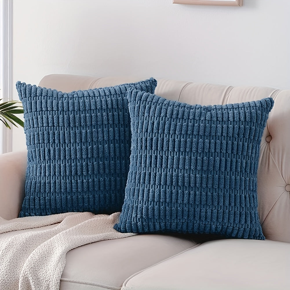 Reversible corduroy throw pillow cover with soft boho striped design, machine washable, zipper closure. Woven polyester, ideal for contemporary farmhouse home decor in sofa and living room. Size: 45.72x45.72 cm.