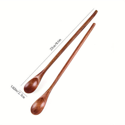 Long handle log coffee spoon set, including stirring spoon, honey spoon, small spoon, and wooden mouth spoon.