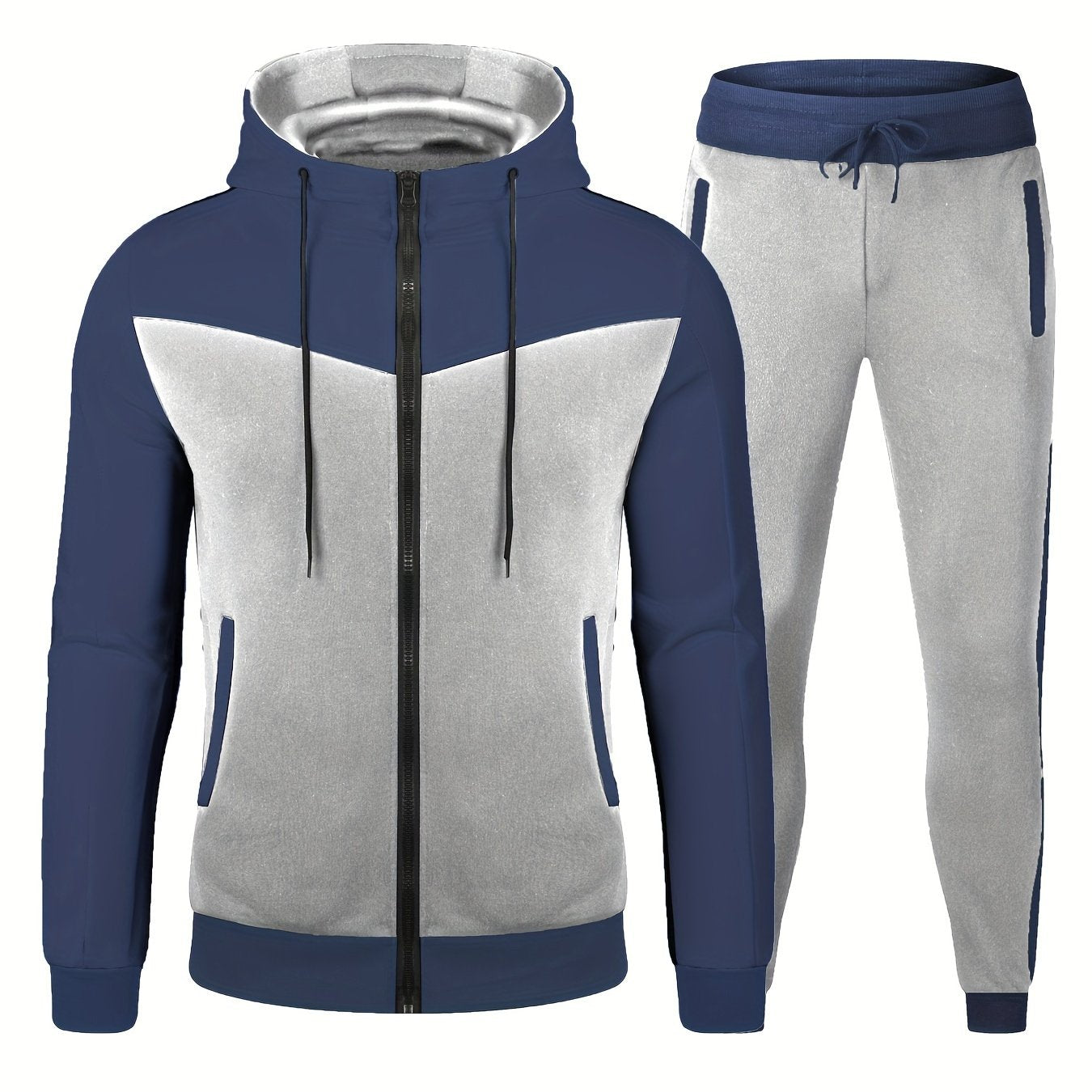 Men's athletic two-piece set: zip-up hoodie with drawstring waistband and matching joggers made of breathable polyester. Casual sportswear for spring and fall.