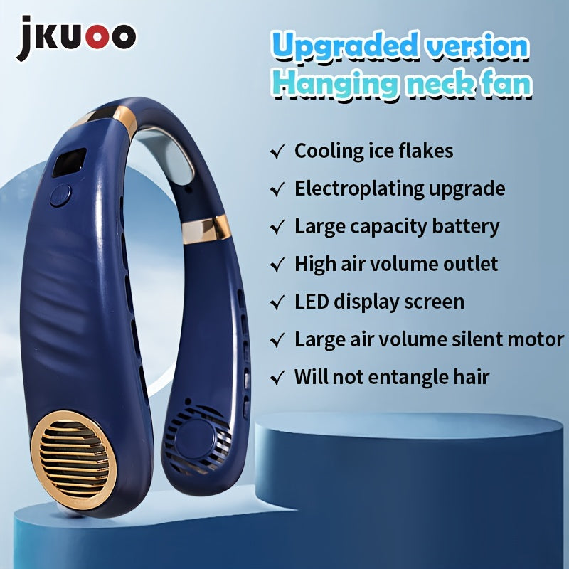 Introducing the JKUOO Portable Neck Fan with Ice Cooling Technology! This fan features a quiet turbo motor and bladeless design, making it perfect for indoor and outdoor use. The USB rechargeable fan comes with a built-in lithium battery and convenient