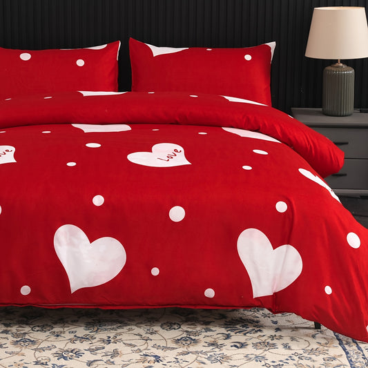 A cozy red polka dot bedding set includes two pillowcases and one quilt cover made of soft, breathable polyester fiber. Perfect for the bedroom or guest room, this festive love-themed