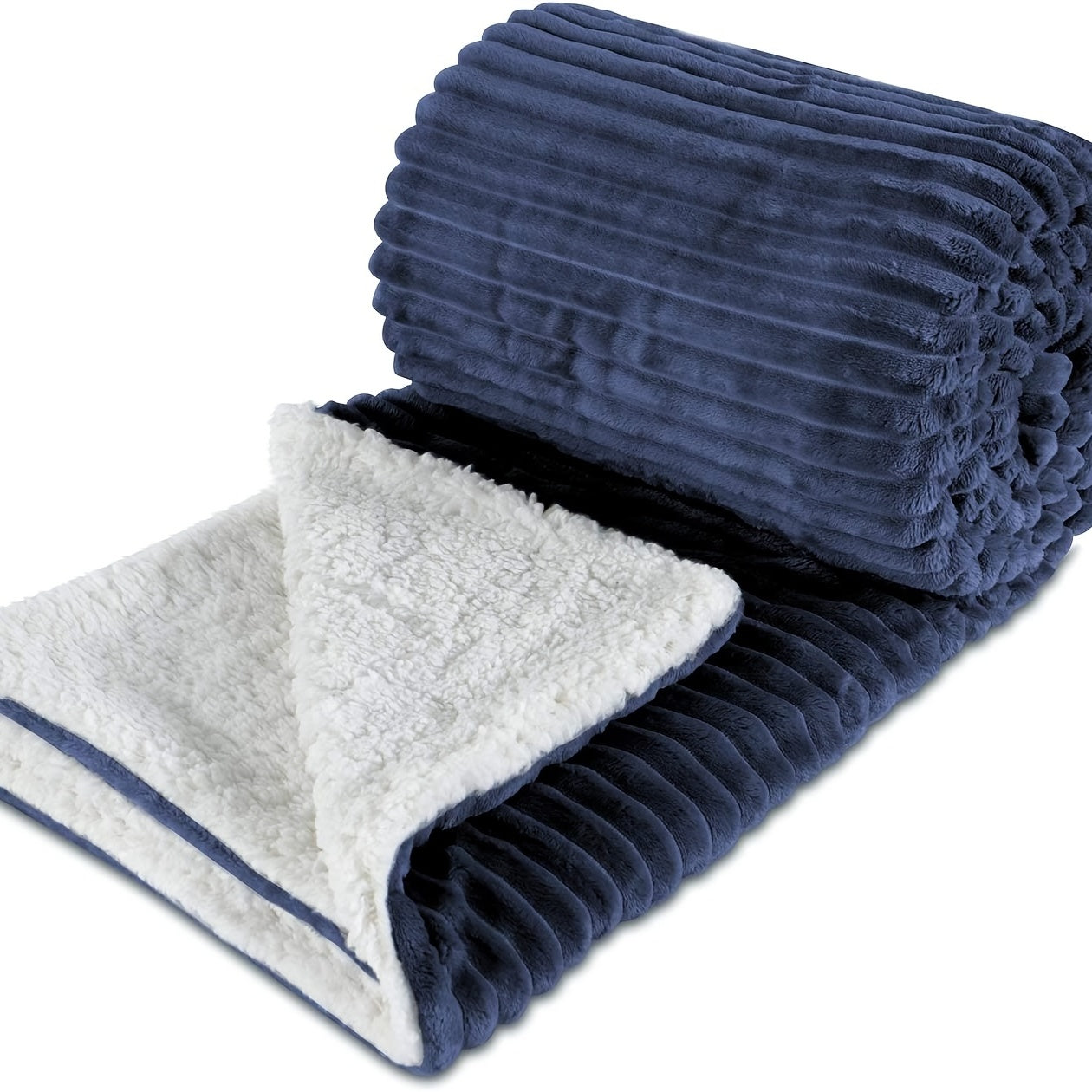 Soft and cozy reversible blanket in navy, perfect for infants, boys, and girls. This warm fleece blanket is thick and fuzzy with a sherpa lining, measuring 76.2cm x 101.6cm. A great gift idea!