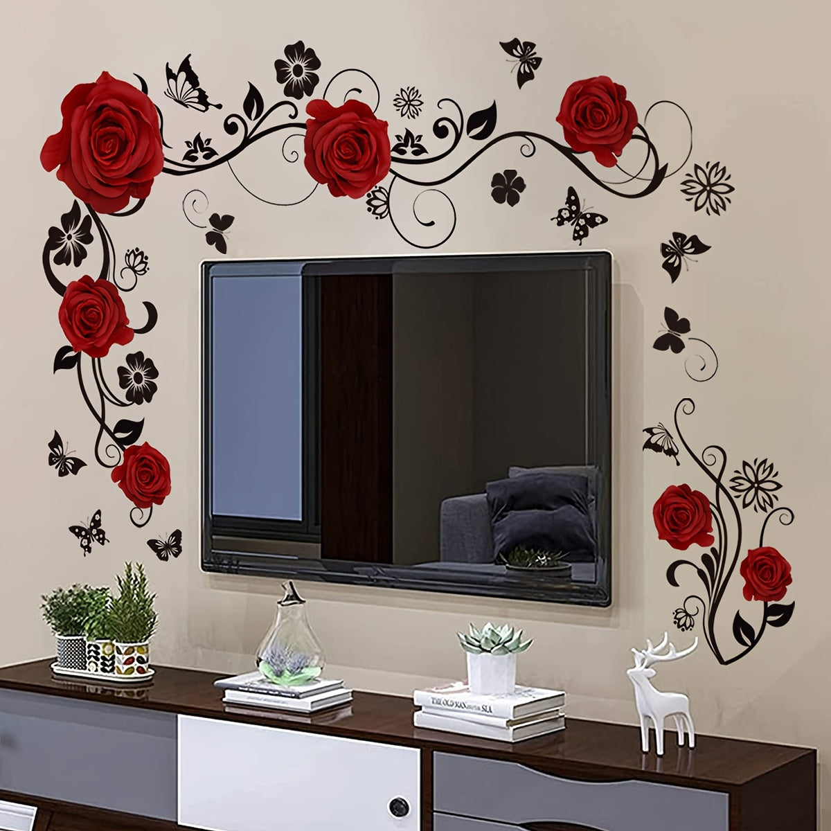 Contemporary Butterfly Rose Vine Wall Decal, Reusable Self-Adhesive Sticker for Living Room Bedroom Decor, Easy to Apply and Remove