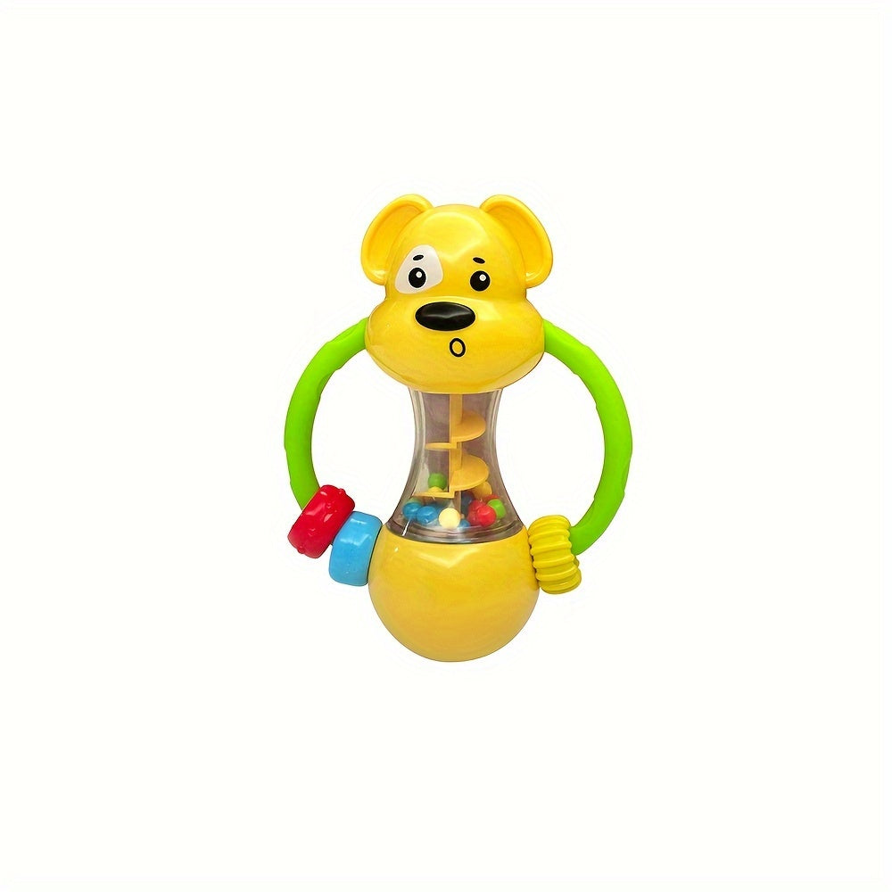 Soft rubber rattle with a puppy theme for young children, featuring a comfortable grip design and available in various colors. A fun early learning toy for little ones.