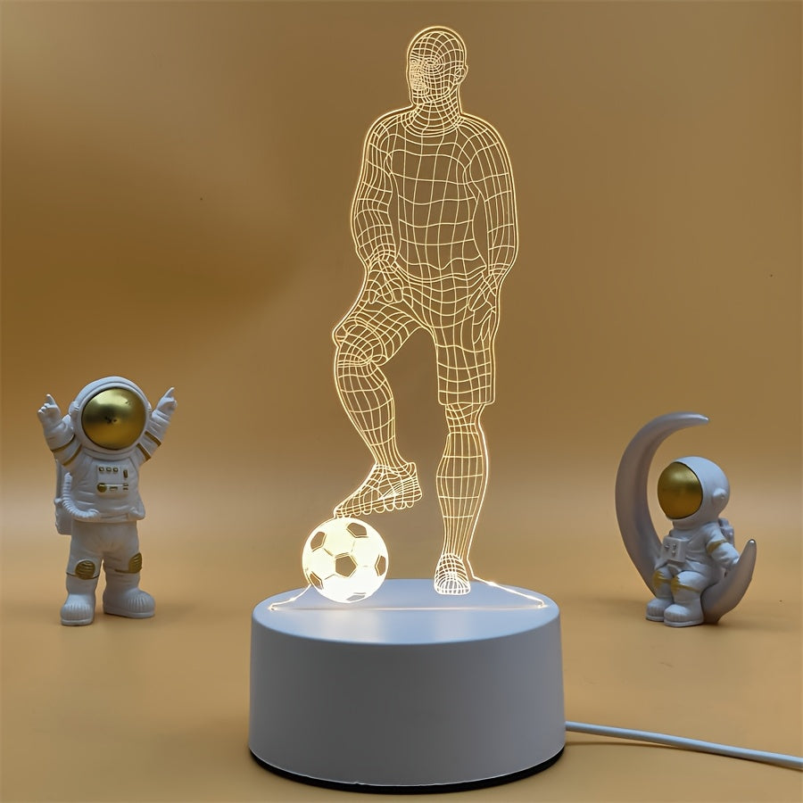 Football player-shaped table lamp with USB interface and LED night light for bedroom decoration.