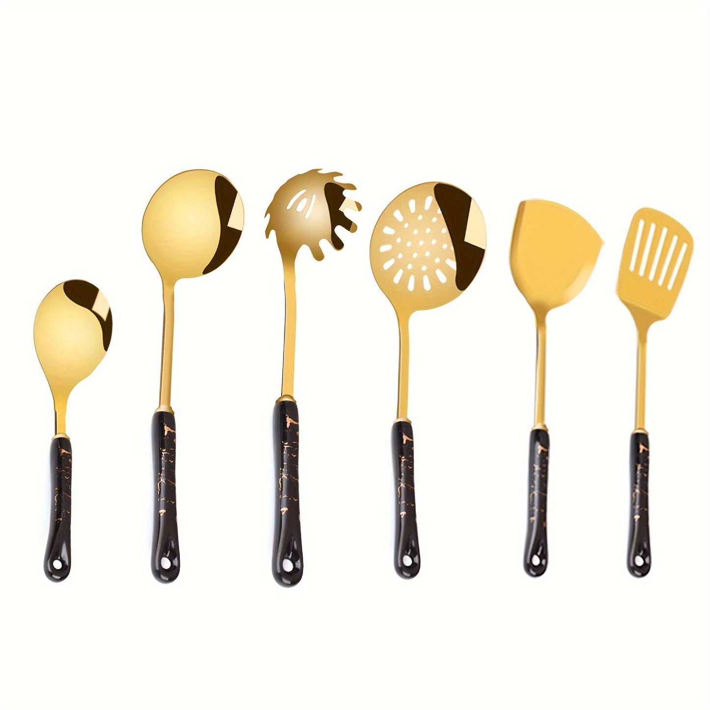 This luxurious Nordic kitchen utensil set includes 7 pieces, each made of stainless steel with elegant ceramic handles. The set includes a spatula, ladle, soup spoon, and more, making it the perfect gift for Christmas, Valentine's Day, or Thanksgiving.