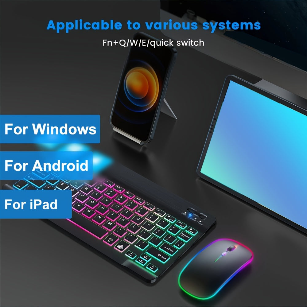 Ultra-Slim backlit wireless keyboard and mouse set with rechargeable battery, type-C charging, and tablet compatibility in English layout.