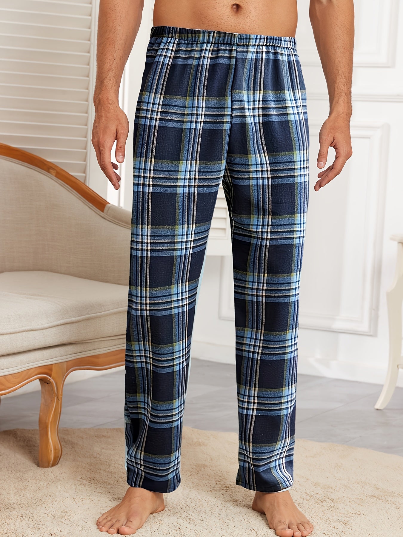 Men's Cozy Plaid Lounge Pants for Fall/Winter - Polyester Blend, Elastic Waistband, Machine Washable, Blue and White Checkered Design, Sleepwear|Casual|Comfortable