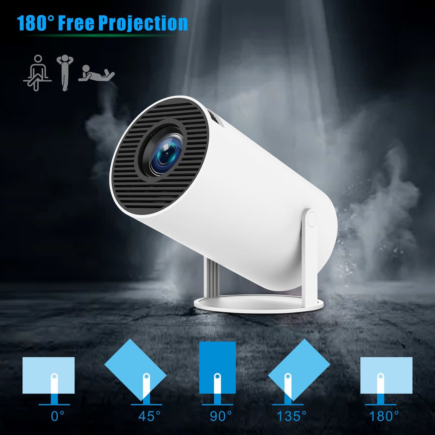 HY300 Pro Mini Portable Projector with auto horizontal correction, 180° rotatable design, and compatibility with phones. Features Wi-Fi 6, BT5.2, and runs on Android 11. Ideal for outdoor