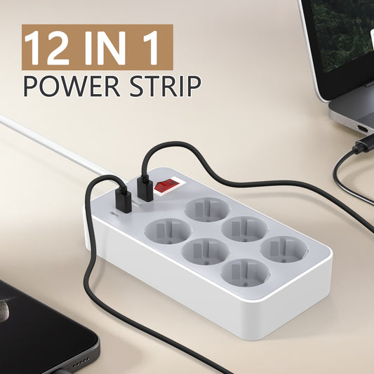 Power board with 6 AC sockets, 3 USB, and 1 Type-C ports for home, office, and dormitory use.