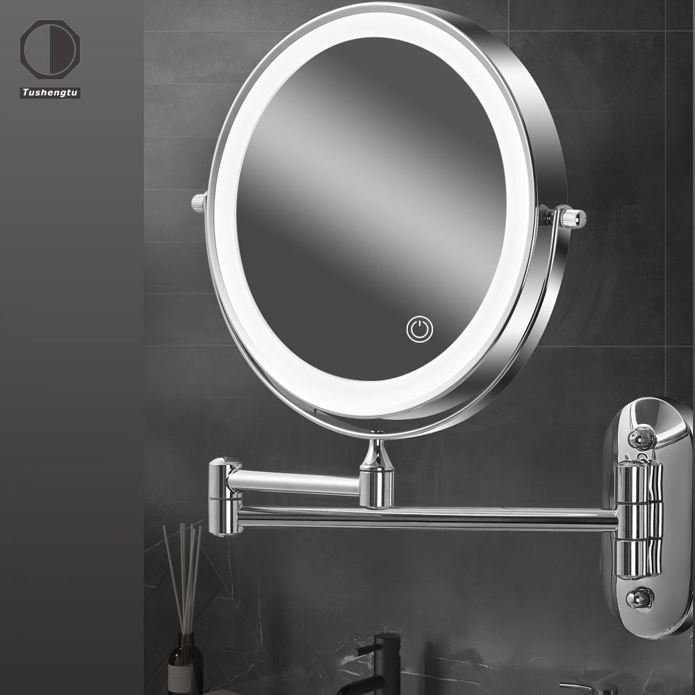 1pc TUSHENGTU Wall-Mounted LED Makeup Mirror features double-sided, adjustable magnification (1X/10X), USB rechargeable, 20.32cm Chrome frame, polished glass surface, intelligent switch