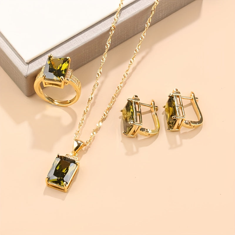 Elegant Vintage 18K Gold-Plated Jewelry Set - Includes Simple Fashion Square Wedding Bridal Earrings, Necklace Pendant, and Ring for Women, Made with Synthetic Zirconia Copper. No Batteries Needed, Perfect for Everyday Wear and Special Occasions.