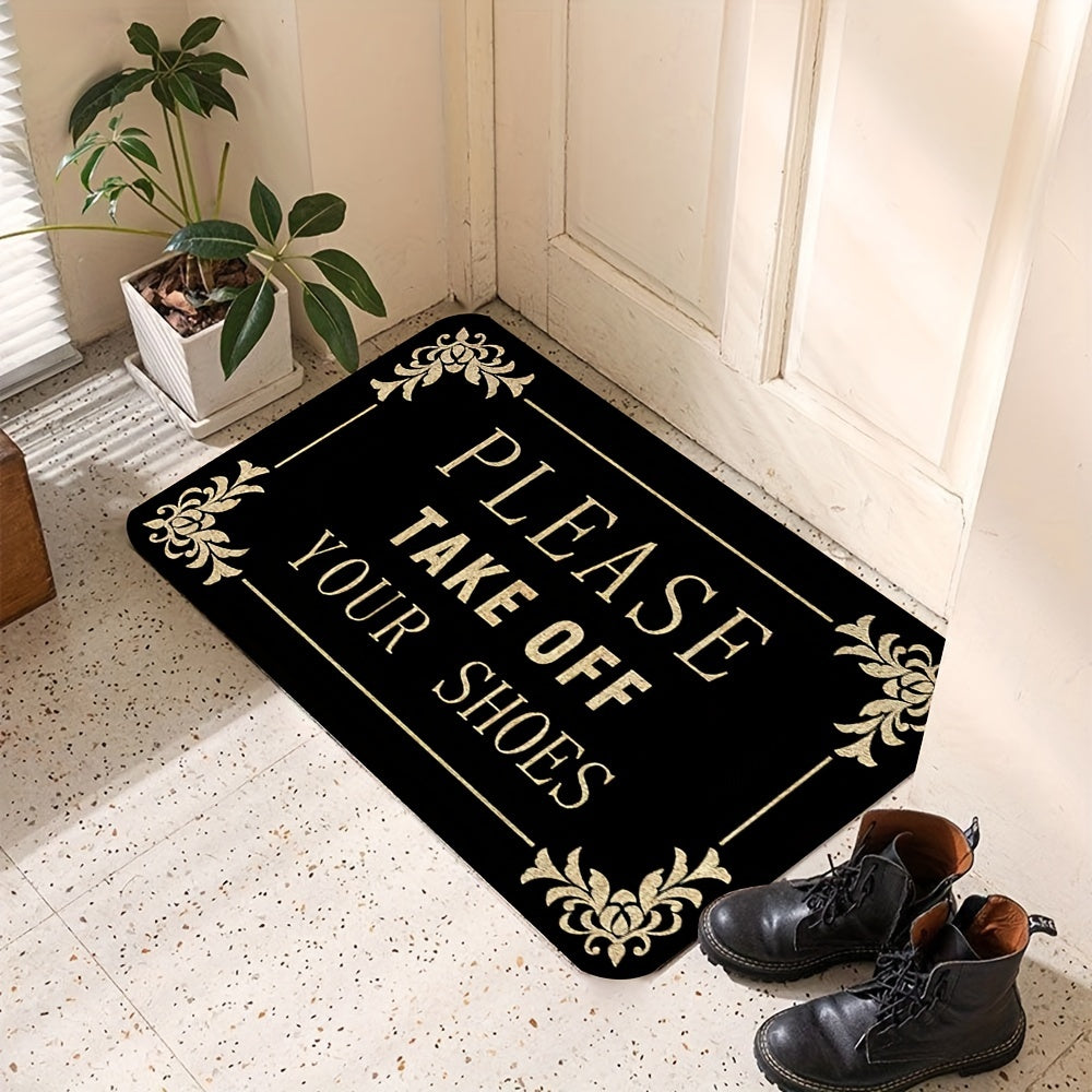 1 piece of "Please Remove Your Shoes" Welcome Mat made of polyester with a non-slip PVC backing. Perfect for front doors, kitchens, gardens, patios, porches, and machine washable for easy cleaning.