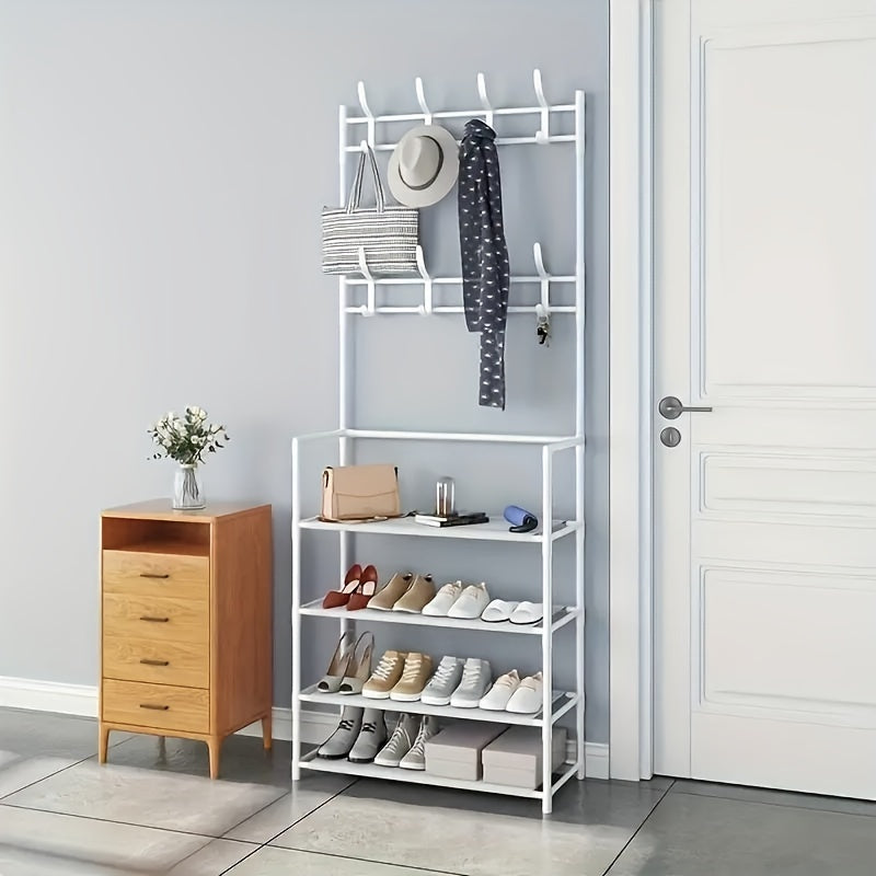 Durable hanger and shoe storage with 8 hooks and shelves, ideal for organizing coats and shoes in home entrances, foyers, bedrooms, and bathrooms. No assembly required.