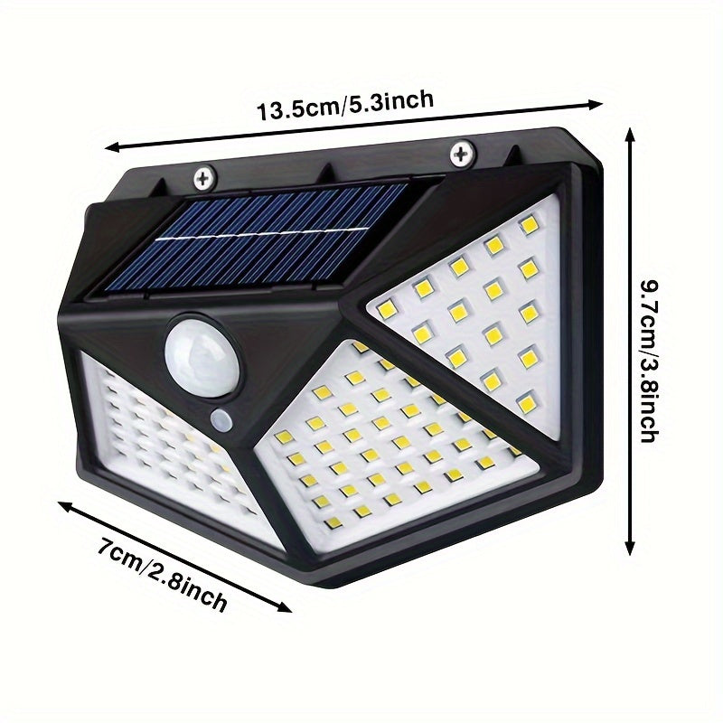 Outdoor solar-powered wall light with 100 LEDs and motion sensor for all-around human body detection.