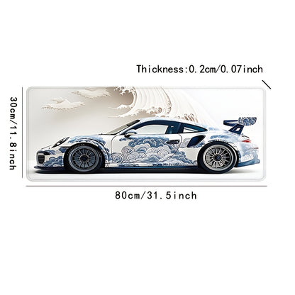 Large Ocean Wave Racing Car Mouse Pad for gaming and office use; measures 89.92x39.88 cm with non-slip rubber base.