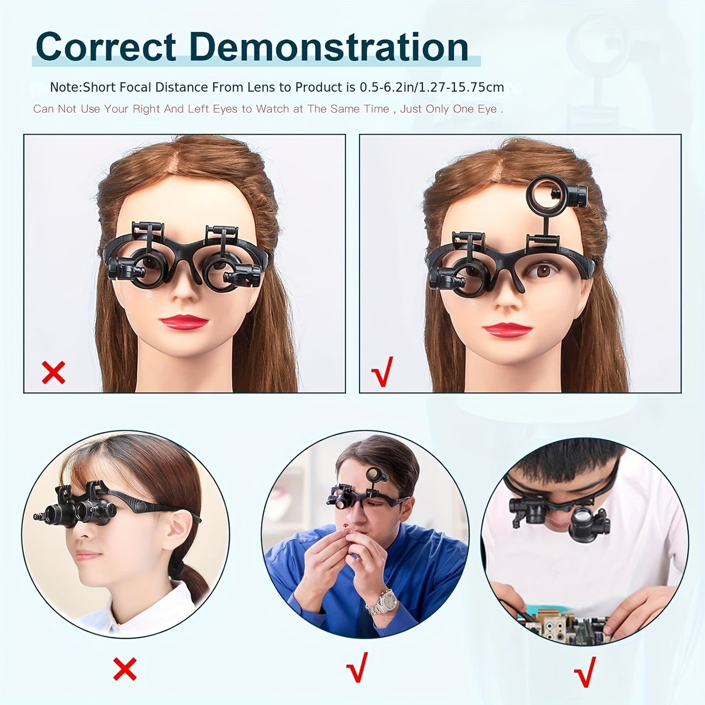 Headband magnifier glasses set with 10X, 15X, 20X, and 25X lenses. Hands-free head-worn loupe visor with LED light for various tasks. Battery powered with non-rechargeable button batteries.