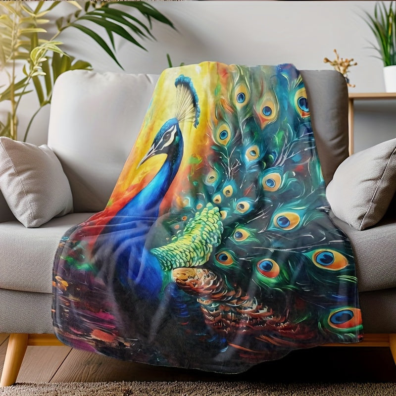 Stay cozy all year round with this versatile Peacock Print Flannel Throw Blanket. Perfect for those with allergies, this hand washable blanket features a stunning woven digital print that can be used in any season. Ideal for adding a touch of style to