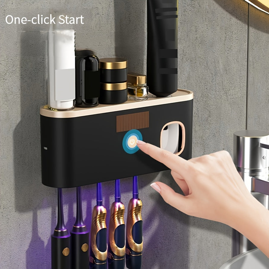 Wall-mounted toothbrush holder with USB charging, long battery life, smart UV technology, and storage rack for home use (RA-903) - no holes needed.