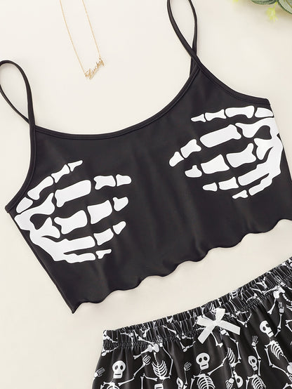 Skull palm print garter top with matching skull print shorts pajama set.