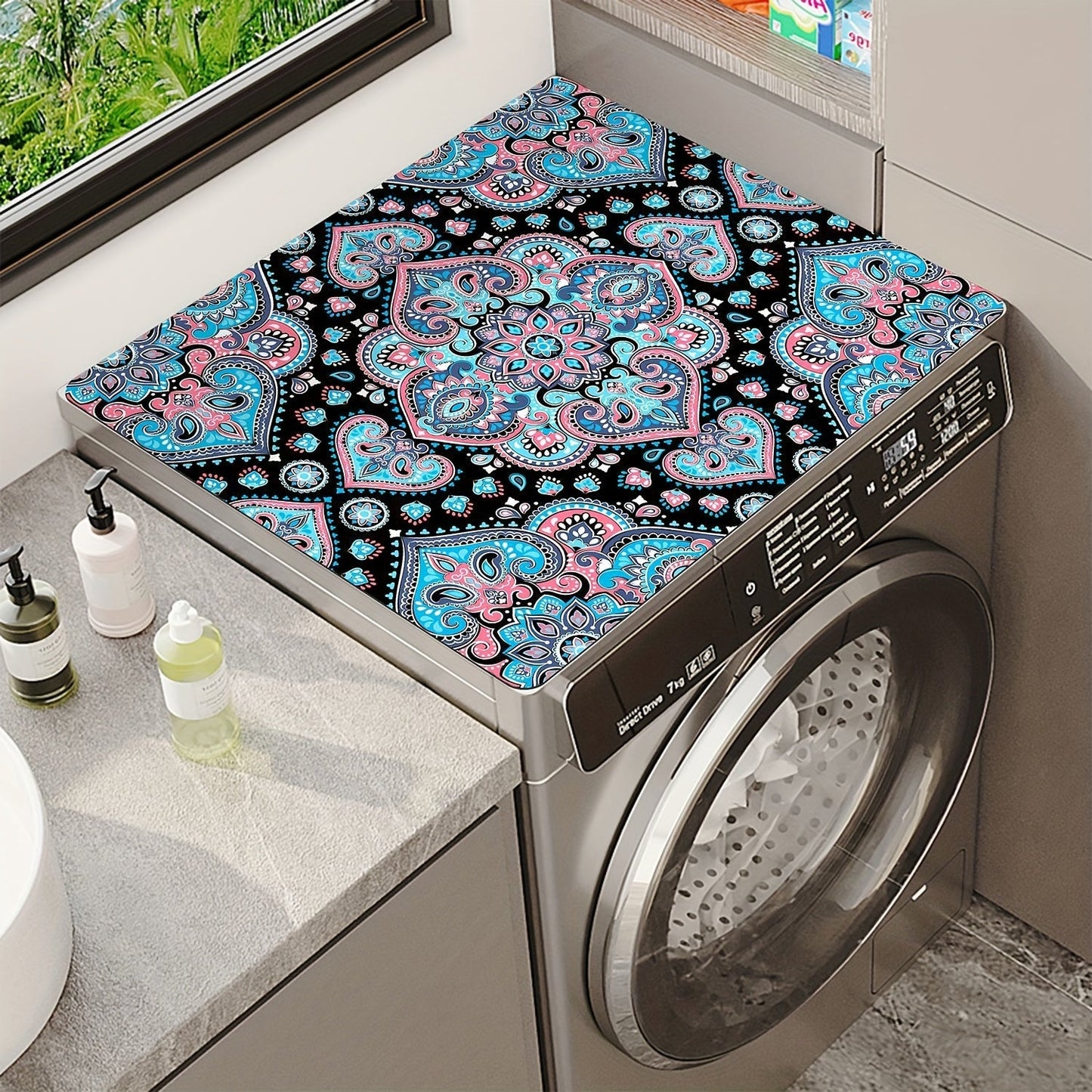 Set of 2 Vintage Coffee & Floral Print Washer and Dryer Dust Covers - Resilient, Stain-Proof, Non-Skid Mats with Retro Style for Laundry Machines