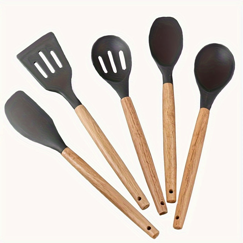 Set of 5 Kitchen Utensils with Non-Stick Coating and Wooden Handles - Ideal for Frying, Grilling, Egg dishes, and Soups