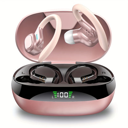 Wireless earbuds for running with earhooks, noise cancellation, LED display, bass sound, and microphone.