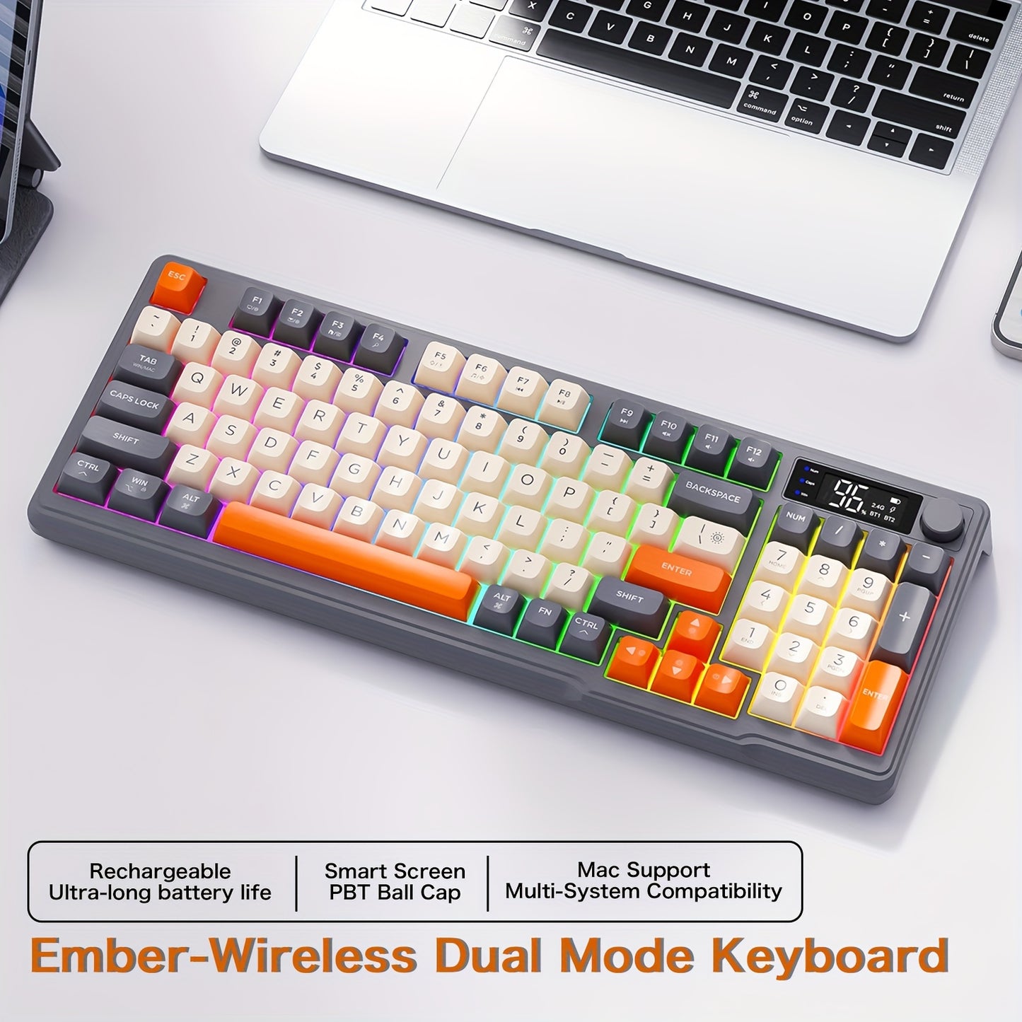 ZIYOULANG Dual-Mode BT Wireless Keyboard with Backlit Ergonomic PBT Ball Cap and Rechargeable Battery, USB Type-C Charging