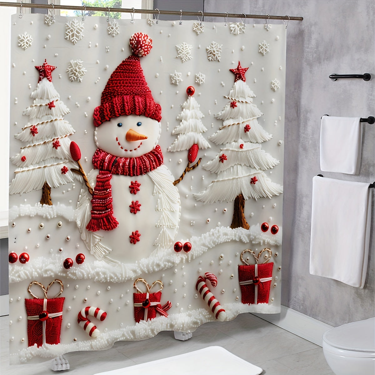 Christmas snowman shower curtain set with bath mat, toilet lid cover, and rug made of polyester fabric featuring a digital print design. Waterproof and cordless design with 12 hooks included.