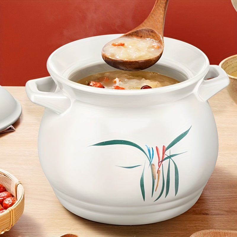 Hand-painted white Chinese soup pot with heat-resistant and non-stick properties, ensuring no impurities are produced. Perfect for soups, rice, and slow cooking. Versatile cookware for gas and electric stoves, ideal for home cooking.