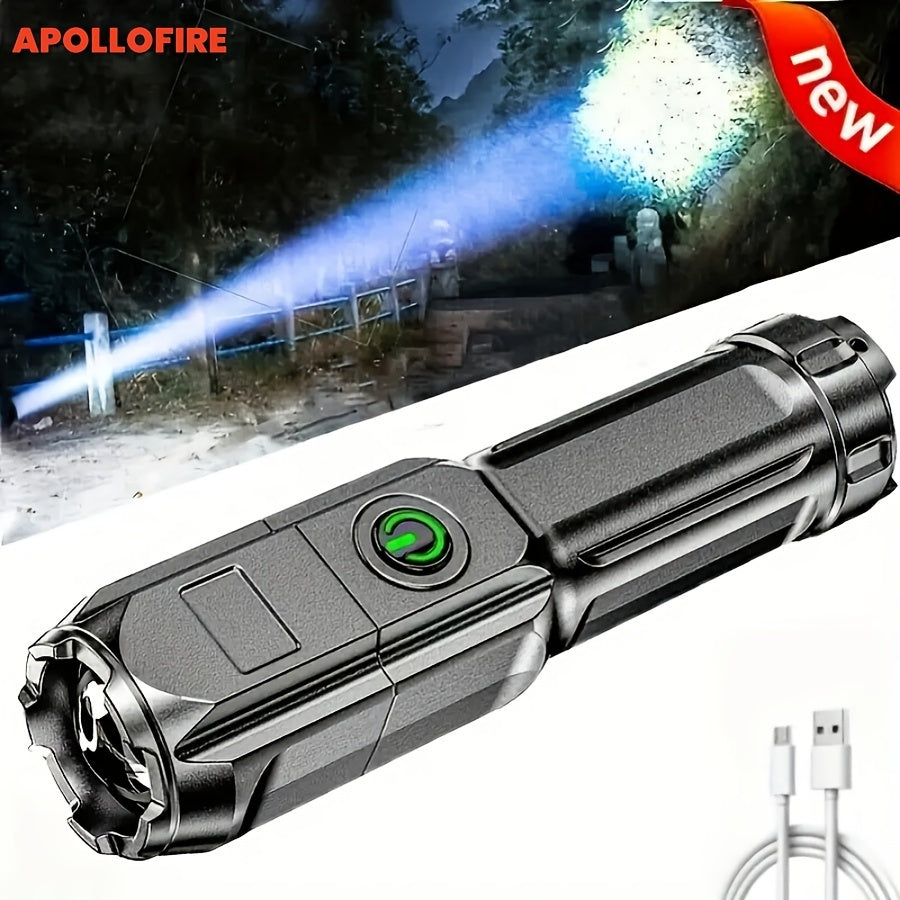 Compact and portable LED flashlight with USB charging, ideal for outdoor adventures and home use. 800mAh battery included.