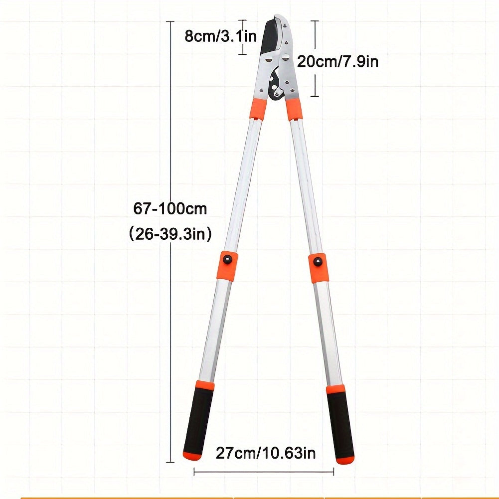 Adjustable telescopic tree trimmer with heavy-duty pruning shears, high-carbon steel blade, and contemporary metal construction for lawn and garden care.