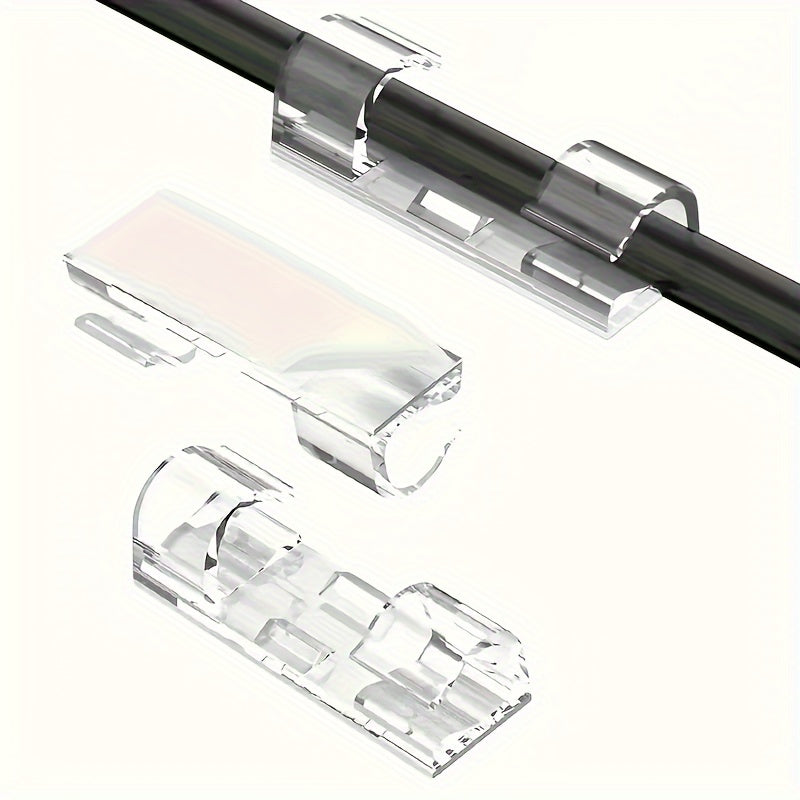 Clear plastic cable clamps for organizing wires in various spaces with a simple and secure design.