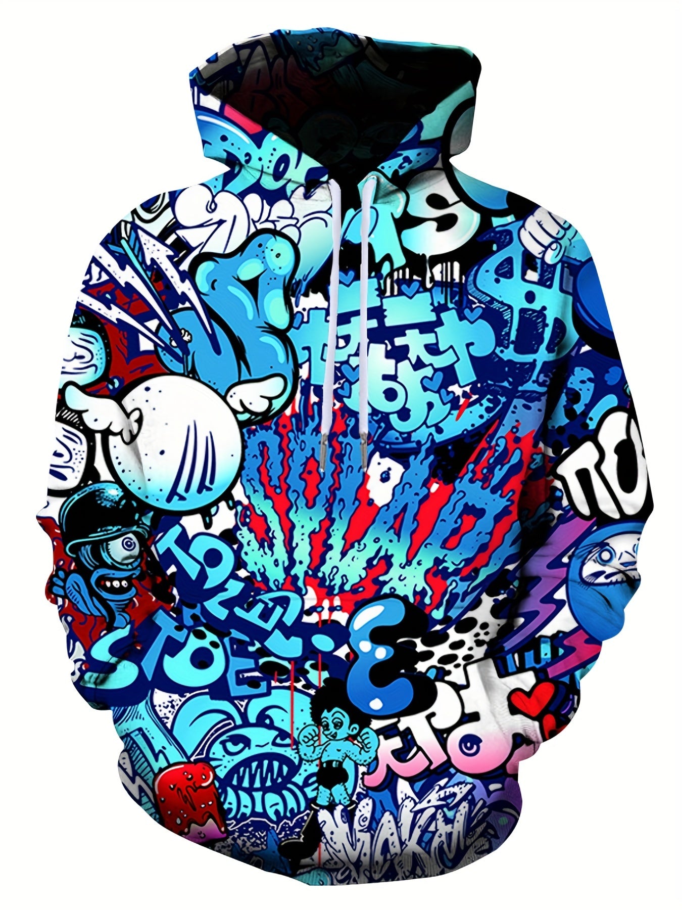 Men's casual sports style hoodie with all-over cartoon print, regular fit, knit fabric with slight stretch, made of 95% polyester and 5% spandex, featuring pockets and suitable for