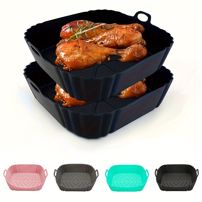 Get a square-shaped 1-piece reusable silicone air fryer baking pan that is non-stick and heat resistant up to 240°C. It comes with textured grip handles for easy handling and is perfect for making crispy chicken and more. An essential kitchen accessory