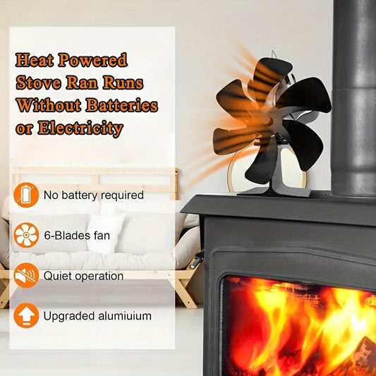 Single piece Stove Fan powered by heat, designed for use with fireplaces, featuring 6 blades for efficient heat distribution. This quiet wood burning stove fan is also suitable for use with Buddy Heater, gas, and pellet stoves, making it a versatile