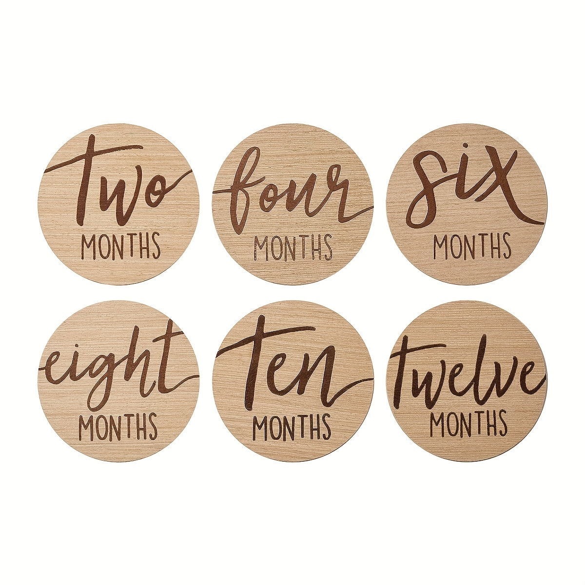 Set of 6 Milestone Wooden Signs - Engraved Dual-Sided Monthly Growth Markers for Baby's First Year, Ideal for Photoshoots and Memories