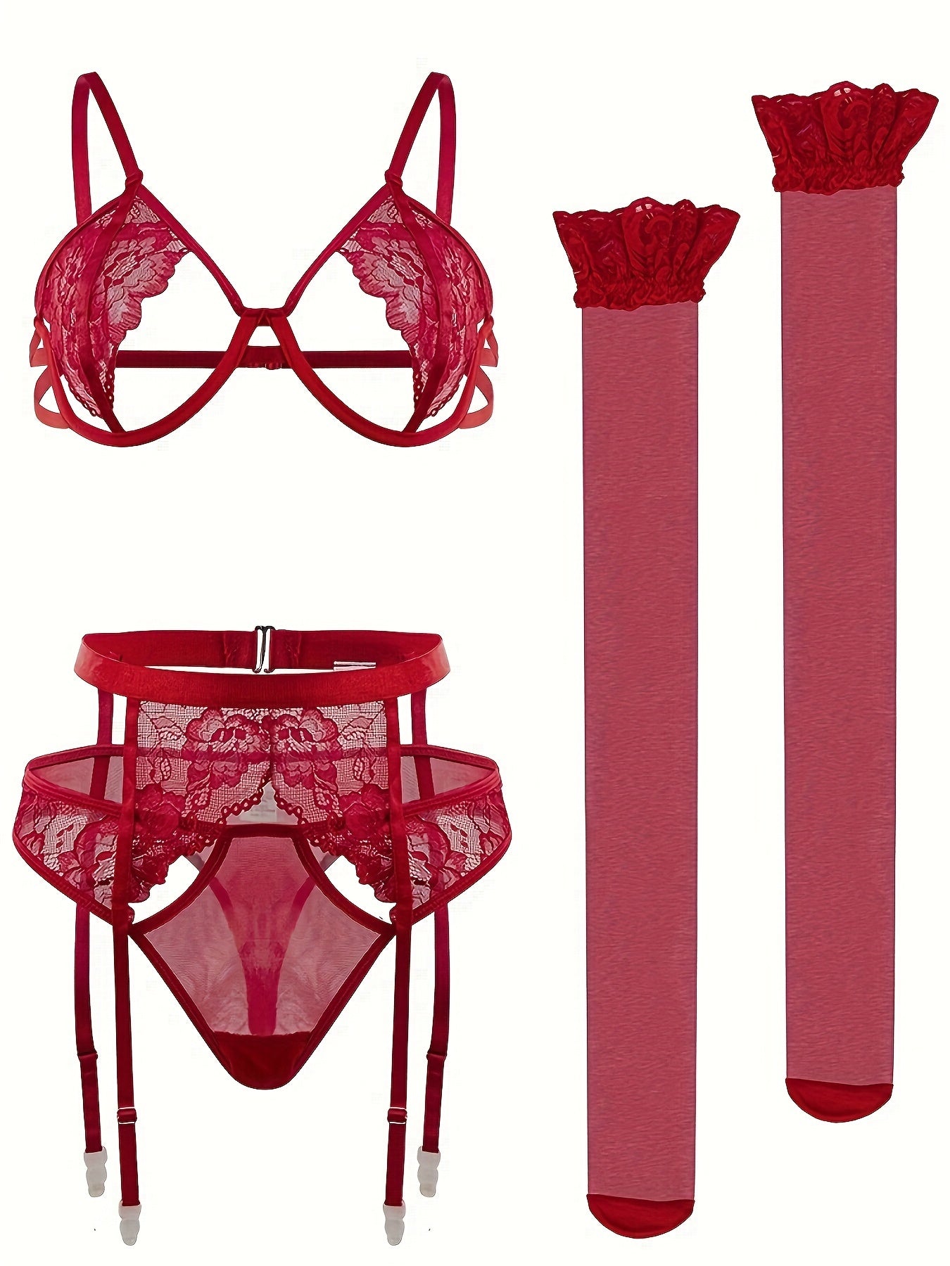 4-piece lingerie set features lace detailing, sexy panties, see-through stockings, and detachable garters with steel rings.