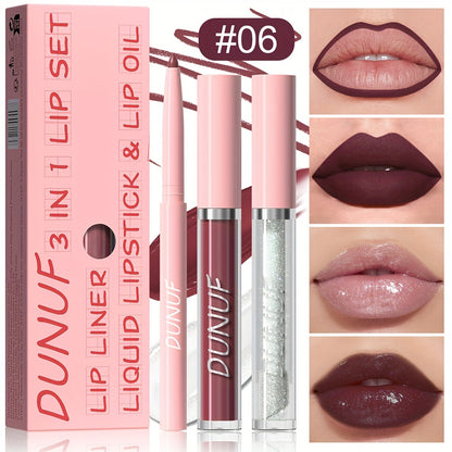 3-piece lip set with durable, waterproof, and sweat resistant formulas that are easy to apply and long-lasting. Includes lip gloss, lip liner, and lip glaze for a matte finish.