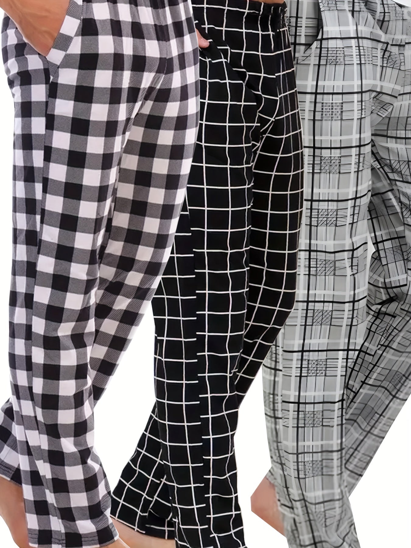 3-Pack Men's Plaid Pattern Pajama Pants with Pockets, Loose Fit Lounge Trousers