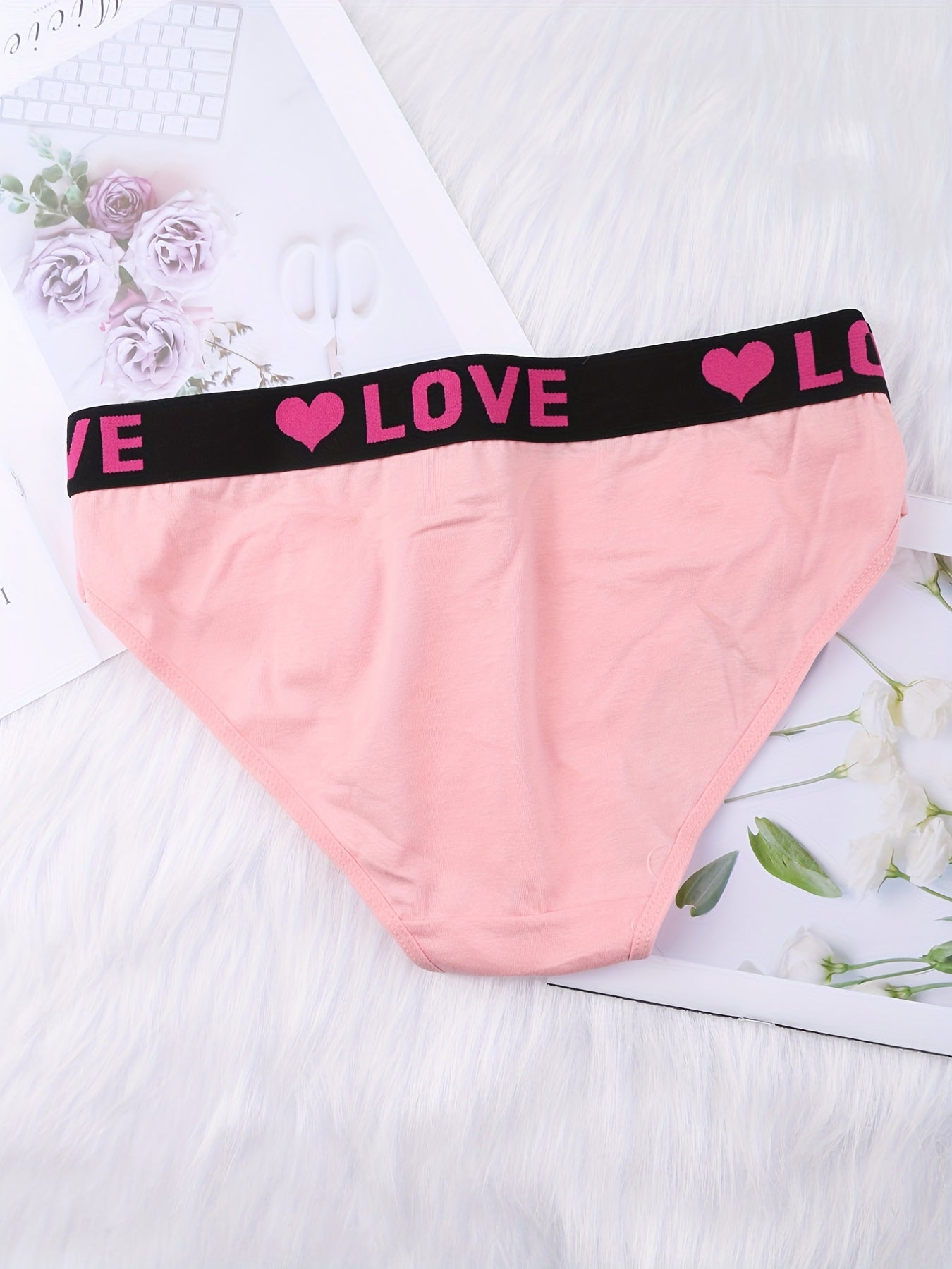 Colorblock low waist bikini panties with letter tape design, breathable and soft for women's lingerie and underwear.