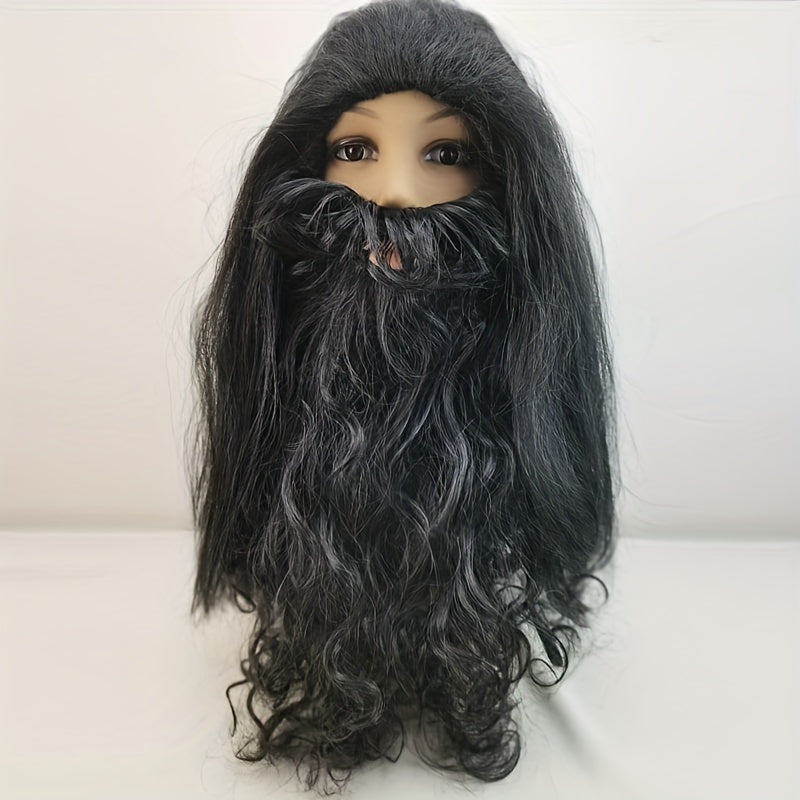 Set of 3: Men's Long Black Wig and Beard with Glasses for Halloween Caveman Costume