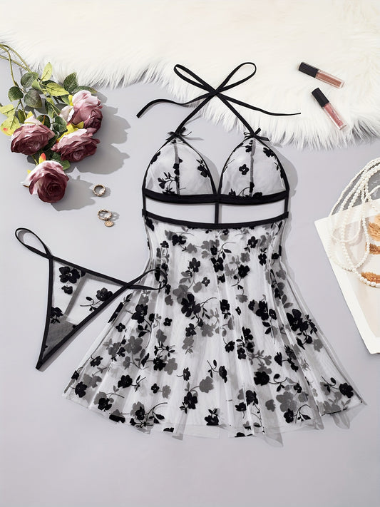 Women's Sexy Baby Dolls Set featuring a Deep V Neck Halter Dress with Flower Design and Thong, Lingerie and Underwear.