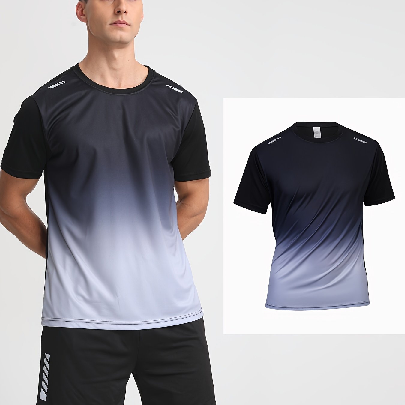 Men's Gradient Color Short Sleeve T-Shirt in Black to Blue Gradient, made of lightweight polyester material. Features a round neck, machine washable, and a loose fit for casual attire.